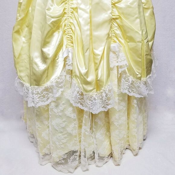 1950s Vintage Yellow Ruffle Satin Lace Bow Full Skirt Maxi Antebellum Dress S - Picture 5 of 10